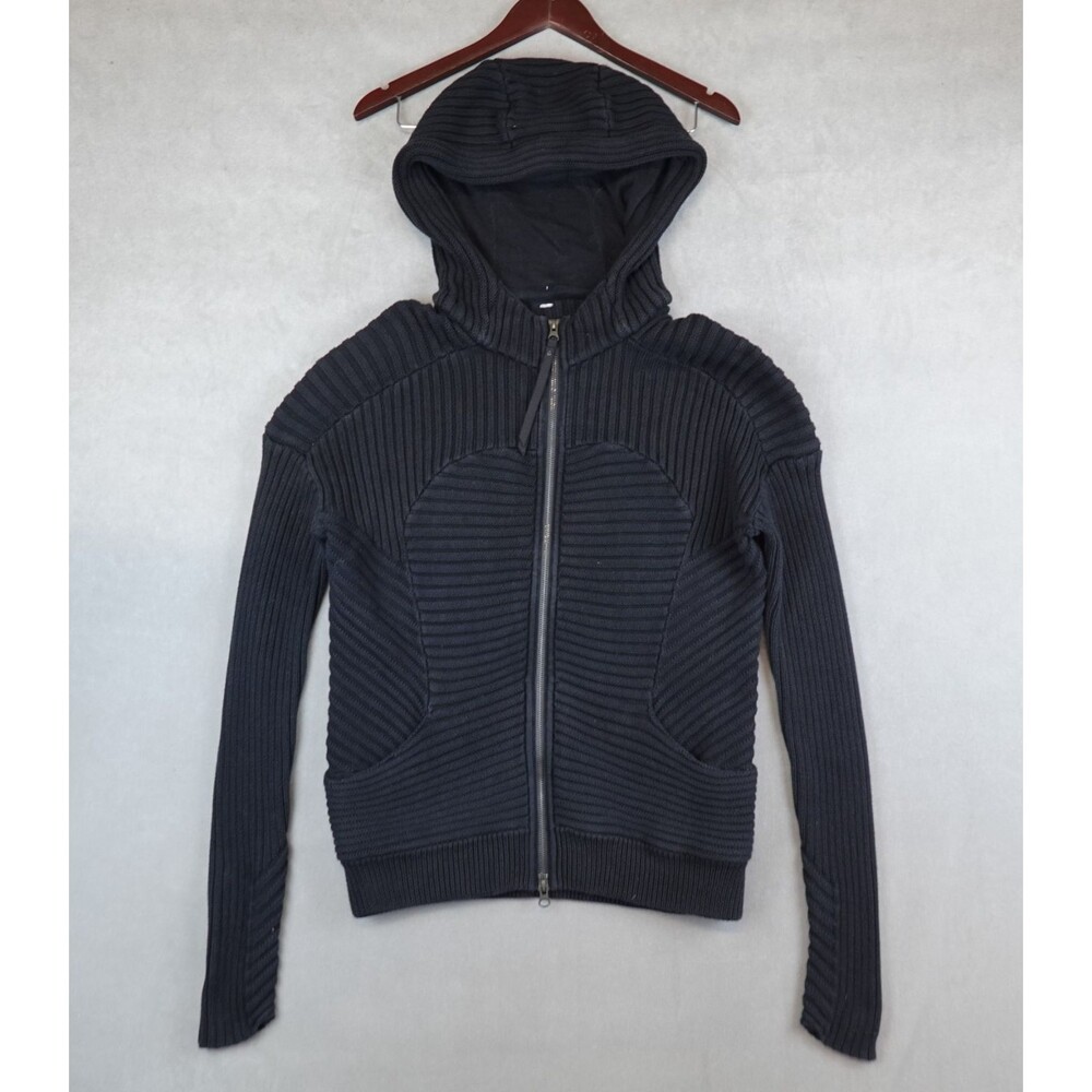 Lululemon Embrace Hoodie Knit Black Ribbed Cotton Full Zip Scuba Sweater Size 10